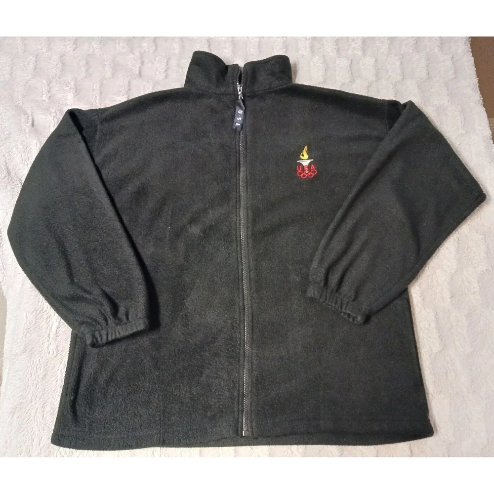 Winter Olympics Fleece Jacket Full Zip Black Torch Flame Made in USA Men's Large